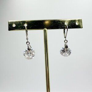 Silver Tone Round White Crystals Dangle Hook Stud Earrings